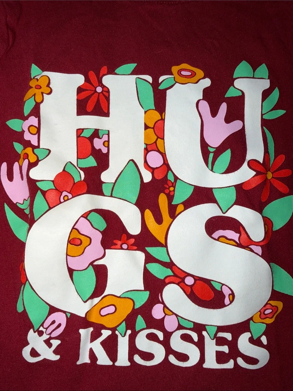 Old Navy Burgundy Long Sleeve Tee with Colorful Floral 'Hugs & Kisses' Graphic